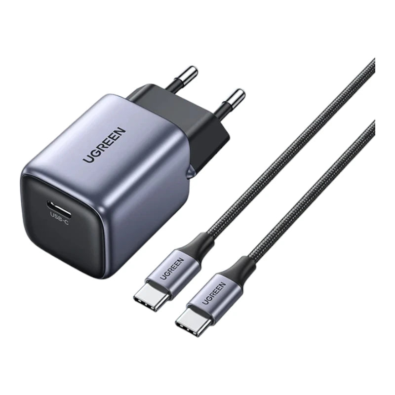 Kit Carregador Turbo USB-C 20W + Cabo Trançado USB-C 1 Metro Ugreen